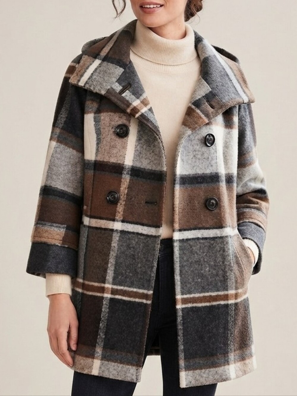 Anthropologie Elevenses Plaid Tartan Pea Coat Wool Blend Sz S Hooded High Neck